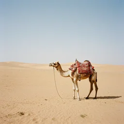 An analog 1970 photography of a nomad anf a camel in the middle of Sahara, no clouds on the sky, hot temperature, no water, 70 mm, f/2.8, DLSR