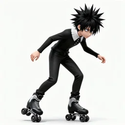 japanese goth boy, anime boy, black hair, upturned collar, absurd spiky hair, rollerblading, rollerskates, cel - shading, 2 0 0 1 anime, flcl, jet set radio future, golden hour, japanese town, concentrated buildings, japanese neighborhood, construction site, cel - shaded, strong shadows, vivid hues, y 2 k aesthetic