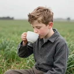 ireland in the 1 9 3 0 s. technicolor. a boy is drinking a cup of tea in a field. soft lighting.