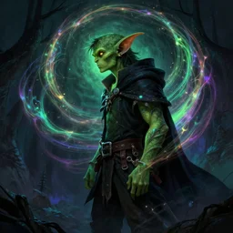 side profile, male half - human half - goblin rogue, green skin, gloomhaven, luminescent, colorful swirly magic ripples, inky colors, by greg manchess, huang guangjian, gil elvgren, sachin teng, greg rutkowski, jesper ejsing, ilya kuvshinov