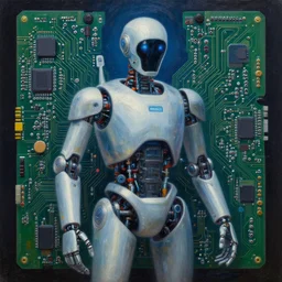 oil painting circuitboard astral robot, highly detailed surrealist painting by albert bierstadt, visionary art by yvonne mcgillivray by mandy jurgens by michael divine