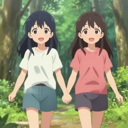 two cute girls walking through the forest while holding hands, mid - shot, medium shot, smiling, close - up, anime key visual, trending on pixiv