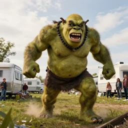 a huge violent angry ogre stomps through a trailer park, background trailer homes and smashed trailer homes, people looking on in astonishment