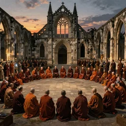 large crowd of monks formed in circular formation together in gothic ruins at dusk realistic old master painting art by artgerm and greg rutkowski and alphonse mucha, 8 k,