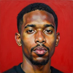 portrait of a latino man, red background, ultra detailed, close up, oil on canvas, dynamic, lighting, 4 k, illustration, modern, worms eye view, by kadir nelson, kehinde wiley, john william waterhouse