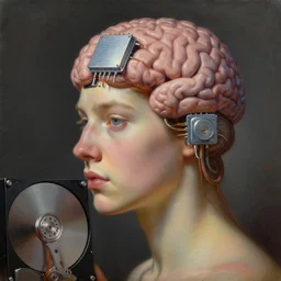 portrait of augmented human wearing an ai chip to increase brain functions, an hard disk of 2 tb to increase brain memory, by highly detailed oil painting, soft light 4 k, cinematic composition, cinematic lighting, sharp focus, masterpiece by ernie barnes and jenny saville