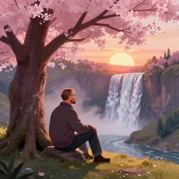 featured on artstation walter white sitting under a cherry tree overlooking valley waterfall sunset beautiful image stylized digital art