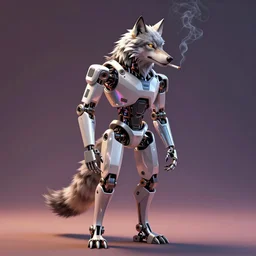 a robotic wolf smoking a cigarette vibrant lighting, elegant, highly detailed, smooth, sharp focus, illustration, beautiful, geometric, trending on artstation, full body, cinematic, artwork by borovikovsky