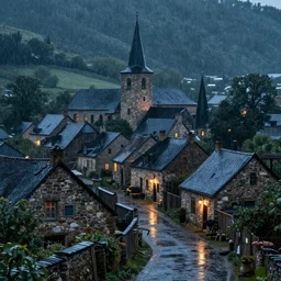 photo of a 11th century village at night,rainy,realistic,satisfying