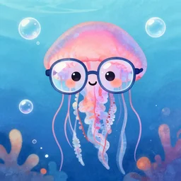 jellyfish wearing glasses, glasses frames, cute, underwater, digital watercolor, artstation, bubbles