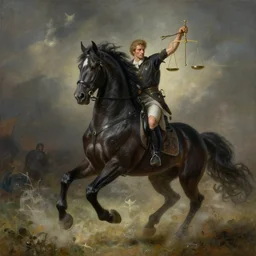 the first horseman of the apocalypse is riding a strong big black stallion, horse is running, the strong male rider is carrying the scales of justice, beautiful artwork by artgerm and rutkowski, breathtaking, beautifully lit, dramatic, full view