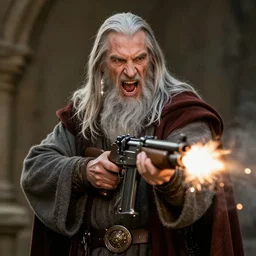 frontal portrait of gandalf screaming and shooting with a machine gun | d&d | larry elmore |