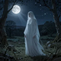 hyper detailed character portrait of a ghostly woman standing in the forest plains of north yorkshire, a clear night, sky full of stars, moon in the sky, moonlight, moonlight god rays, sharp focus, illustration, concept art