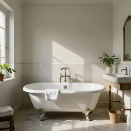 an antique bathroom, clean architecture, a clawfoot bathtub, towels table, some plants, daylight, peaceful, serge marshennikov, rembrandt