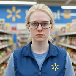 hyperrealistic mixed media portrait of a pale white lesbian walmart worker wearing a walmart vest, with square glasses, 8k octane beautifully detailed render, post-processing, extremely hyperdetailed, trending on artstation