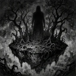 floating island, creepy sketch, eldritch, shadow of the colossus, weird, night, ink sketch