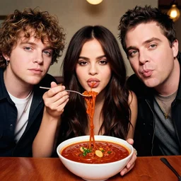 ultrawide angle colour portrait masterpiece photography of selena gomez eating a bowl of chili shot by annie leibovitz michael cheval miho hirano moebius josh kirb