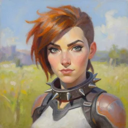 oil painting of tracer overwatch in a field wearing spiked collar around neck, in style of steve henderson, expressive face, detailed face, detailed eyes, full body, feminine face, tracer overwatch,