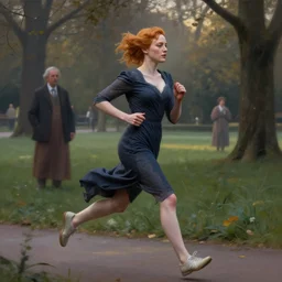 christina hendricks jogging through a park at dawn, deep focus, intricate, elegant, highly detailed, digital painting, artstation, concept art, matte, sharp focus, illustration, art by artgerm and greg rutkowski and alphonse mucha