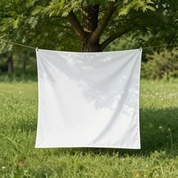 a white square cloth behind a tree in a grass field. sunny day. analog photograph. mamiya 7. hq. detailed. in - frame. centered view.