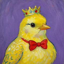 an elegant yellow bird with a red bow tie and a crown in the style of vincent van gogh, purple background, post-impressionism, high quality, detailed, 4k