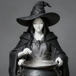 picture of beautiful female wizard in the cauldron, classical robes, hat, white skin, black hair, happy, high fantasy, dnd, detailed face, highly detailed, smooth, sharp focus, illustration, by rossdraws, sakimichan, artgerm, daguerreotype
