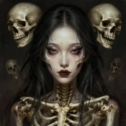 gorgeous asian goddess of skull, portrait, bones, skull, dirt, blood, elegant, highly detailed digital painting, by junji ito, artgerm, sean yoro, wlop, chie yoshii and rembrandt
