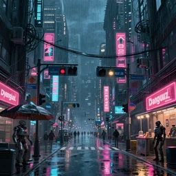 cyberpunk retro city. street view. max hay. digital render. digital painting. night. raining. rain. neon. road signs. traffic lights. cables. advertisements. stalls. umbrella. robot. dangiuz.