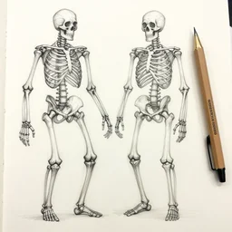 anatomically incorrect pen and pencil sketch of skeletons in perspective wireframe by finlay von patrick duffill
