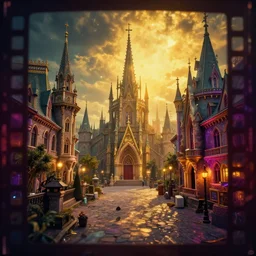 magical gothic city, beautiful, golden light, colourful movie frame, 8 k