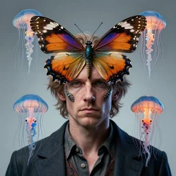 Karl Pilkington with jellyfish butterfly phoenix head. intricate artwork by Tooth Wu and wlop and beeple. octane render, trending on artstation, greg rutkowski very coherent symmetrical artwork. cinematic, hyper realism, high detail, octane render, 8k