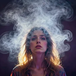 surreal portrait of woman with lots of billows of hazy steam coming out of her head, sketch marks, hazy, vibrant colors, backlit, emotional