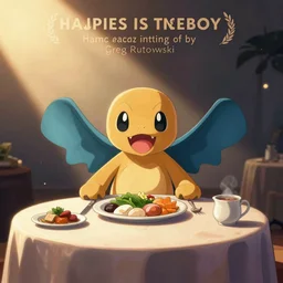 mewtwo eating dinner at a table happiness is temporary by greg rutkowski