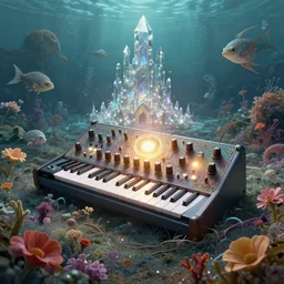 a centered render of intricate modular synthesizer of dargon, shining its light across a tumultuous sea of flowers, undersea animals and one gothic crystal temple by dorothea tanning and salvador dali, trending on artstation, cyber punk, soft color, unreal engine, high detailed, 8 k