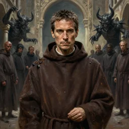character portrait of kevin bacon as a monk in name of the rose ( 1 9 8 6 ). brown friar's robe. monastery background. world weary, horror, gloomy. grime, dirt, motor oil, coal. oil painting, highly detailed, centered, digital painting, artstation, concept art, smooth, sharp focus, illustration, artgerm, tim bradstreet, tomasz alen kopera, peter mohrbacher, donato giancola, joseph christian leyendecker, zdzisław beksinski, drew struzan, hell demons