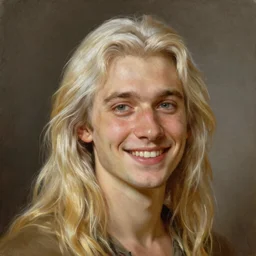 Painting of a clean shaven Lee Pace with long white hair. beautiful long golden blonde hair. Young. Smiling. Happy. Cheerful. Art by william adolphe bouguereau. Very very very very very very very very very very very very much detailed. Beautiful. 4K. Award winning.