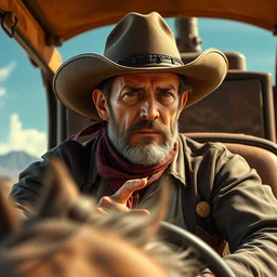 hyperrealist portrait of a cowboy driving a stage coach by james bama and alphonse mucha, fantasy art, photo realistic, dynamic lighting, artstation, poster, volumetric lighting, very detailed faces, 4 k, award winning