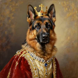 the royal king's royal german shepherd portrait by greg hildebrant fancy royal baroque regal puppy oil painting high quality award winning clothed in fancy garb