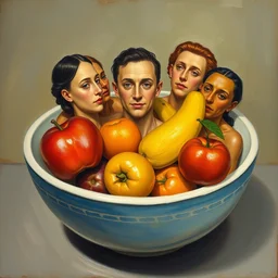a still - life image of a bunch of people who look like fruit in a bowl in the style of paul cezanne