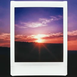 analog polaroid of a purple and red sunset, gritty, color bleed, bright sunlight
