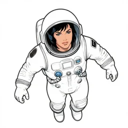 clean simple line art of a woman floating in space wearing a space suit. no background. well composed, clean coloring book page, beautiful detailed face. coloring book line art by mike mignola
