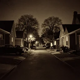a very dark neighborhood that goes on forever at night, old photo