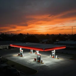miami gas station background by simon stalenhag, black and orange sunset, sharp focus, digital art, 4 k, octane, high contrast, abstract, drone view