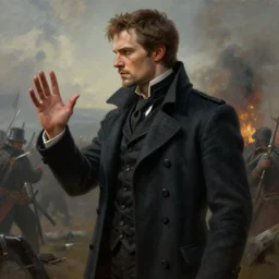 a epic portait of a man wearing a dark formal overcoat with a battlefield in the background, portait photo, hyperrealistic, concept art, digital art, high quality, highly detailed, fantasy style, dramatic lighting, 8k hdr, oil painting, epic image, path tracing, badass pose, complementary colors, realistic face, defined face, anatomically correct, five fingers, profile photo