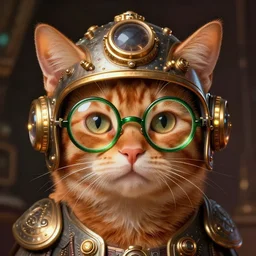 ginger cat with green round glasses and steam punk helmet, star wars, beautiful glowing lights, sci - fi, stunning, intricate, elegant. highly detailed, digital painting. artstation. smooth. sharp focus. illustration. art by artgerm and greg rutkowski and alphonse mucha