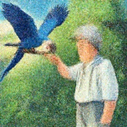 old man feeding blue macaws, by Dice Tsutsumi, Makoto Shinkai, Studio Ghibli