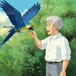 old man feeding blue macaws, by Dice Tsutsumi, Makoto Shinkai, Studio Ghibli