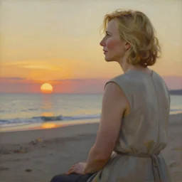 a matte painting of cate blanchett watching the sunset wife by the beach, by greg rutkowski, by alphonse mucha, muted colors