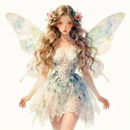 flower fairy, long wavy hair, wearing alexander mcqueen dress, lace detail, tulle, illustration, watercolor, alan lee, detailed, pretty, ethereal, realistic, artstation,
