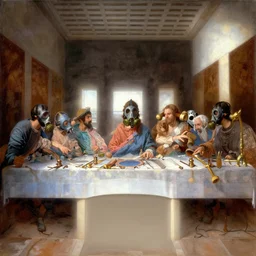 the last supper in gas masks, art nouveau, fantasy, fantasy atmospheric lighting, digital painting, hyperrealistic, cozy, natural light, volumetric golden dappled dynamic lighting, regal, refined, highly detailed, sharp focus, elegant, photorealistic by michael komarck, greg rutkowski, victo ngai, artgerm, willem claesz heda and j. dicken